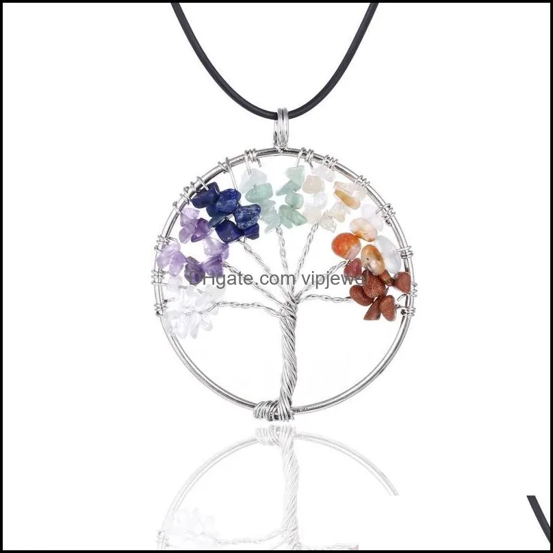 7 Chakra Tree Of Life necklaces Rainbow Natural Stone Quartz druzy Wisdom Tree pendant Black Rope String chains For women Jewelry Gift