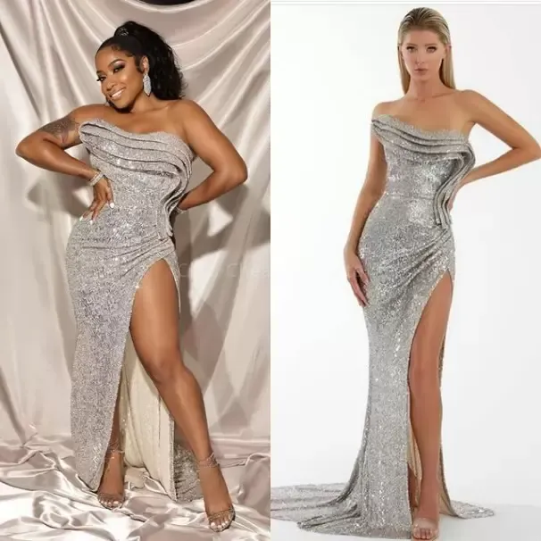 2022 Plus Taille Arabe Aso Ebi Argent Élégant Sexy Robes De Bal Paillettes Haute Split Soirée Formelle Deuxième Réception Robes De Demoiselle D'honneur Robe