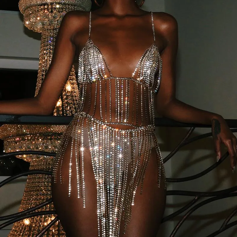 Work Dresses See Through Cover Up Bikini Crystal Women Two Piece Set Hollow Out Backless Halter Rhinestone Crop Top Diamonds Tassel Skirts