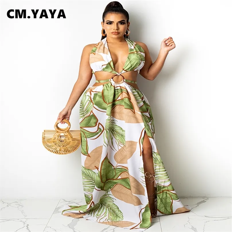 CM.YAYA Women Long Dress Print Mouwess Bandage Halter Hollow Out Splited A-Line Maxi Dresses Fashion Vestidos Summer Outfits 220516