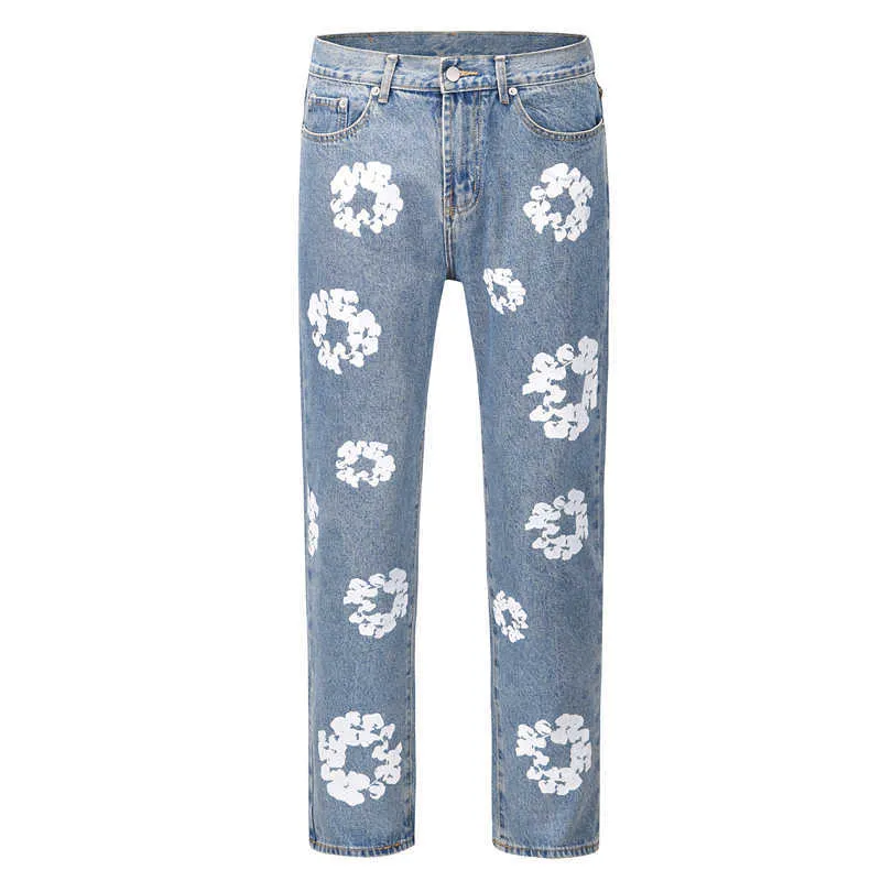 Heren jeans bloemen high street demin jas stijl kapok gewassen rechte mode vintage losse broek essentialshoodie klaar make traan hoodie 613