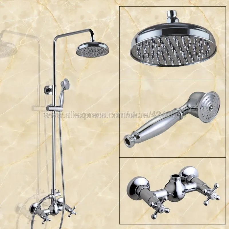 Bathroom Shower Sets Wall Mounted 8" Rain Set Faucet Chrome Dual Handle And Cold Taps With Handshower Kcy305Bathroom