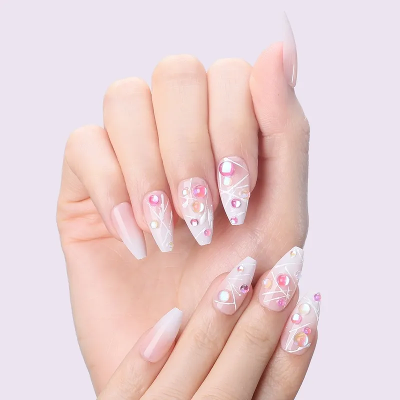 Gel Handmade Babybommer Fauxongles nails colored rhinestones Ombre Ballet Fake nails Nude Press on nails Coffin Symphony Crystal 220725