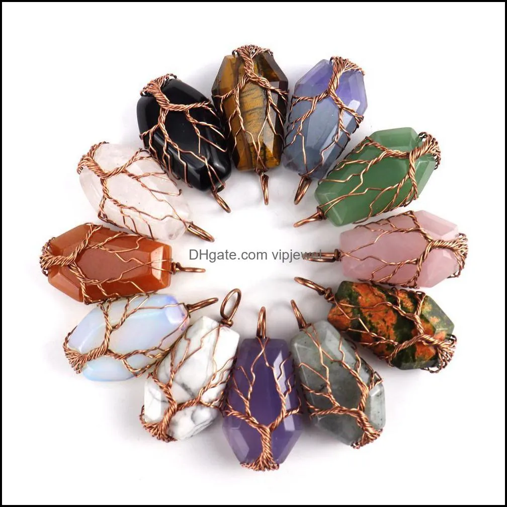 wire wrapped coffin fortune tree of life charms natural stone pink quartz healing crystal tiger eye amethyst pendants for necklace jewelry