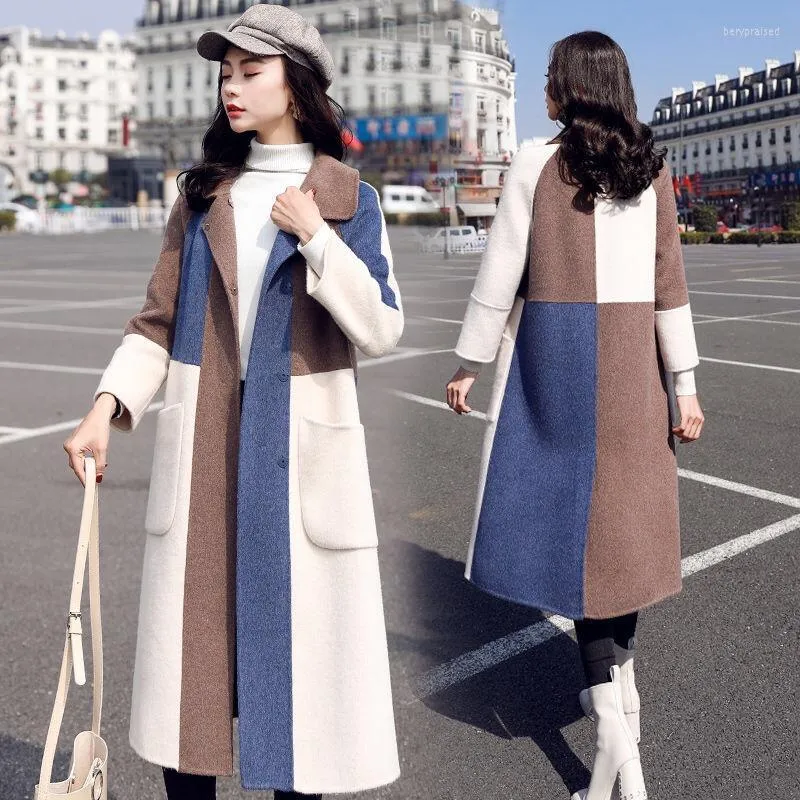 Kvinnors ull blandar kvinnor Autumn Winter Clothing Woolen Long Coat Color Matchande koreansk mode stor storlek ytterkläder kvinnlig tjock bery22