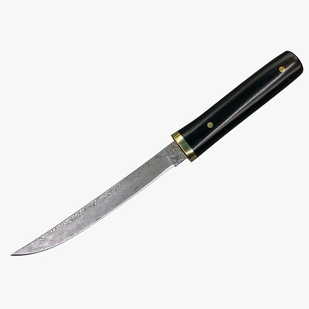 Nouveau R8303 Petit couteau droit de survie VG10 Lame à point de chute en acier damas Poignée à tête en laiton ébène Couteaux à lame fixe avec gaine en bois