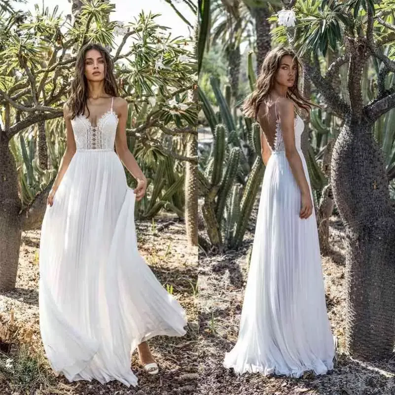Neues Hochzeitskleid Sexy hohle Spitze langes Maxikleid Chiffon V-Ausschnitt rückenfrei Party Strand Hochzeitskleid Vestido De Fiesta De Boda