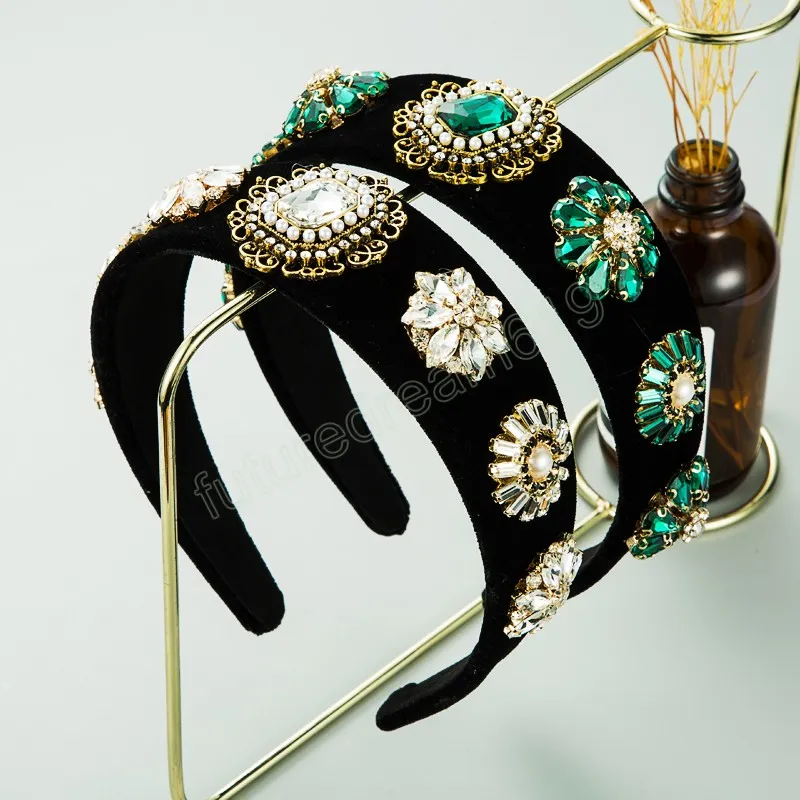 Vintage coloré cristal fleur bandeau pour femme élégant simulé perle noir velours bandeau femme fête cheveux accessoires