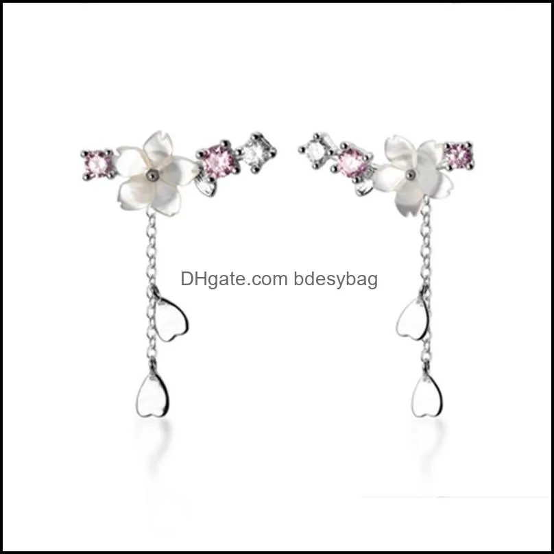 Hot Sell sterling silver Fashion Flower Cherry Blossoms Design Lady Women Drop Earrings Jewelry Gift Drop Shipping