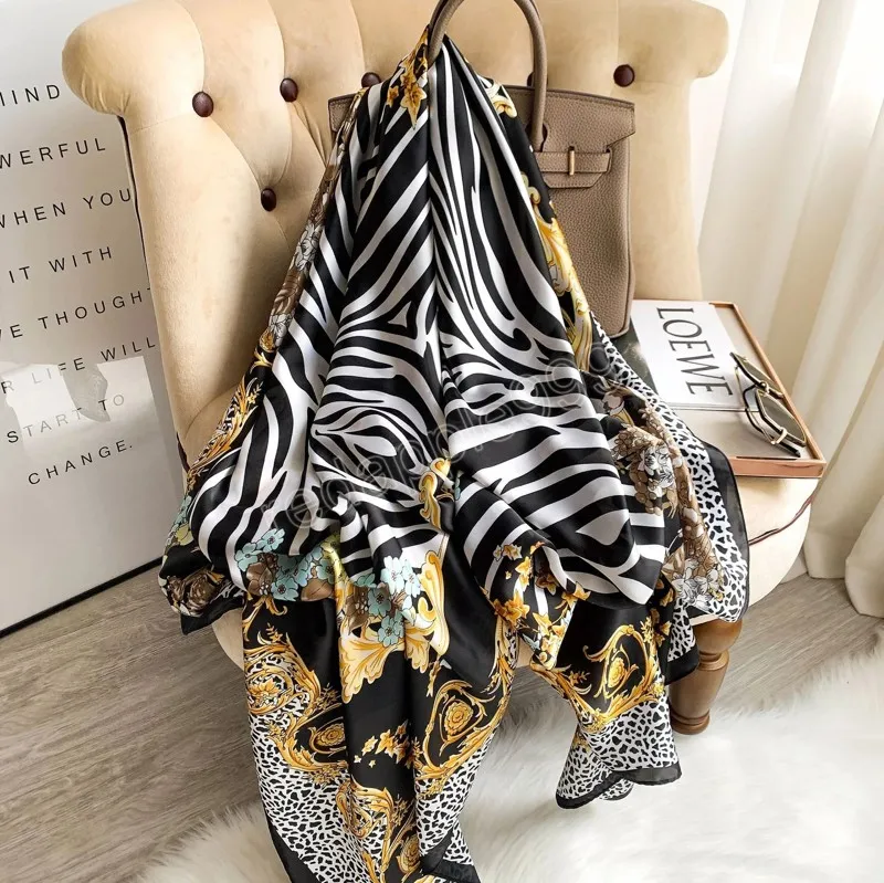 Scialli di raso di moda 180X90CM Telo mare Sciarpe con stampa leopardata Bandane Sciarpe di seta lunghe quattro stagioni