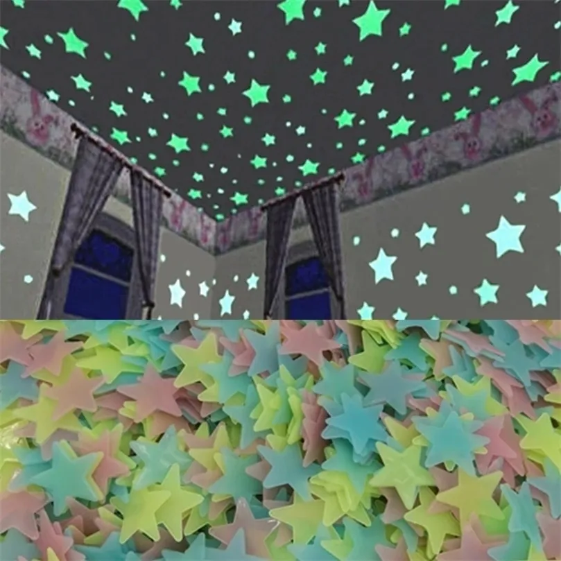 100pcslot 3D星は暗い壁のステッカーで輝き、子供向けのエネルギー貯蔵星ベビールームベッドルーム天井装飾220727