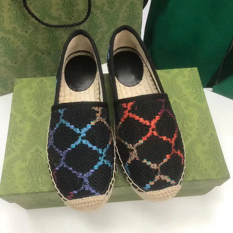 Mocassim raso feminino Jacquard Espadrille Alpargatas Sapatos de grife Tênis de luxo Marca Preto Clássicos Mocassins Lona e couro de cordeiro real Sola de borracha No36