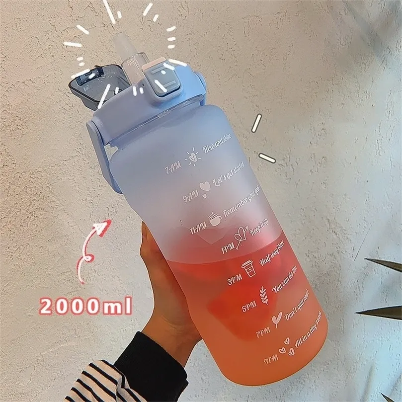 2 Liters Water Bottle Motivational Drinking Sports Tiktok Time Marker Sticker Portable Reusable Plastic Cups 220714