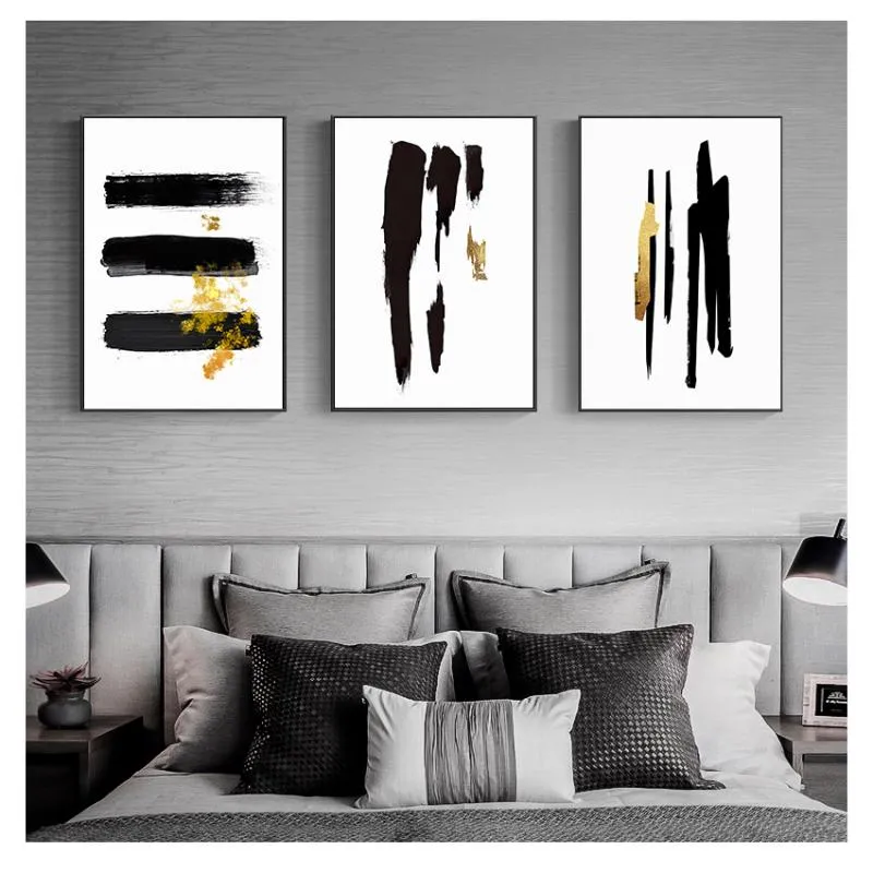 Paintings Minimalist Canvas Painting Wall Art Poster Print Pictures Living Room Home Interior Decoration Abstract Black Gold Brush Line