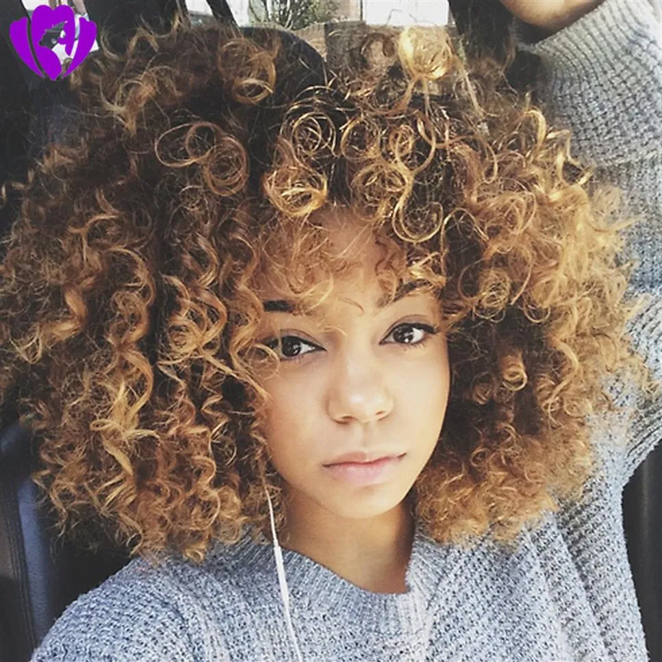 Celebrity style brown roots ombre blonde Synthetic Curly Wigs with bangs for Women Ombre Short Afro Wig African American beyouce h219n