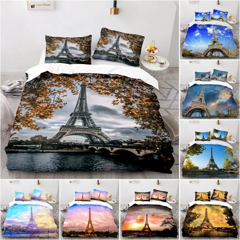 Beddengoed stelt Eiffeltoren dekbedoverdeksel Set King Size Paris CityScape Theme Twin Modern Franse stijl Dekter voor jongens Girlsbedding Setsbeddi