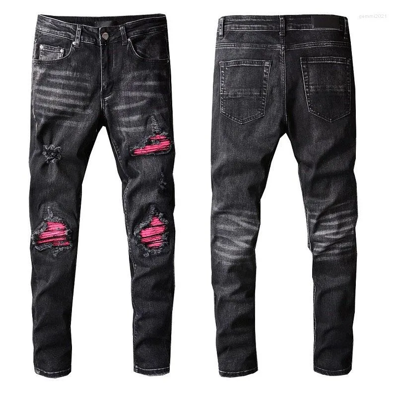 Herren Jeans Herren High Street Fashion Marke Casual Black Ripped Male Red Patch Stretch Slim Denim Hosen für Männer 806Men's