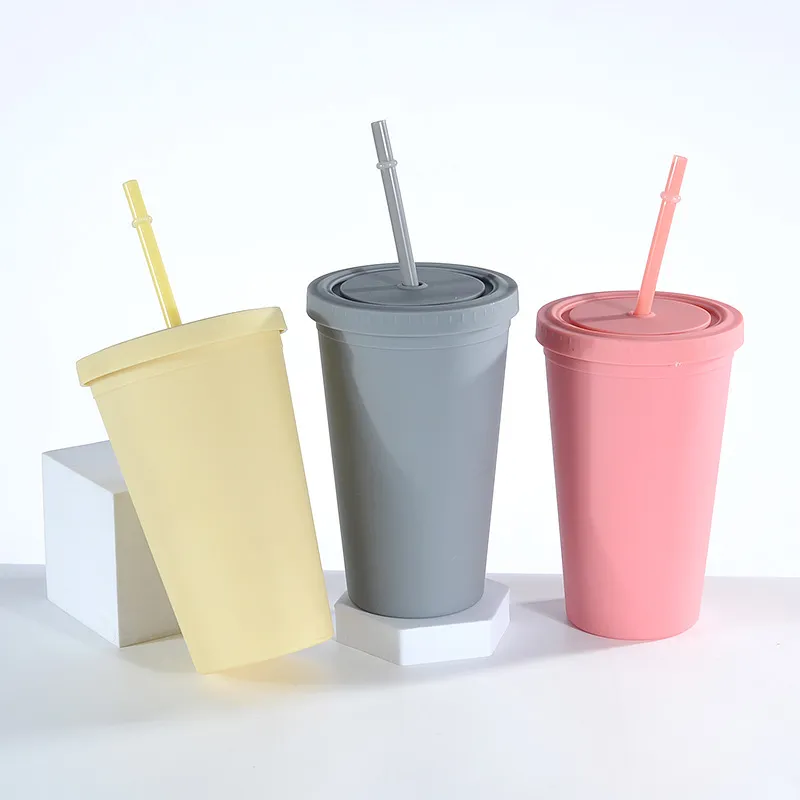 Barco rápido de 16 oz Tumblers Matte Color 9 Colores Acrílico Boca ancha con tapa y paja Doble pared de plástico Vuelos reutilizables 22 oz