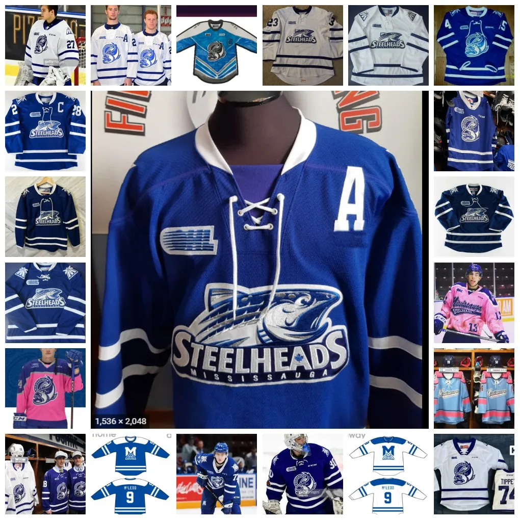 Eishockey-Trikots, individuell genähtes Eishockey-Trikot der OHL Mississauga Steelheads, 92 Alexander Nylander, 74 Owen Tippett, 14 James Hardie, 73 Luca Del Bel Belluz Ethan