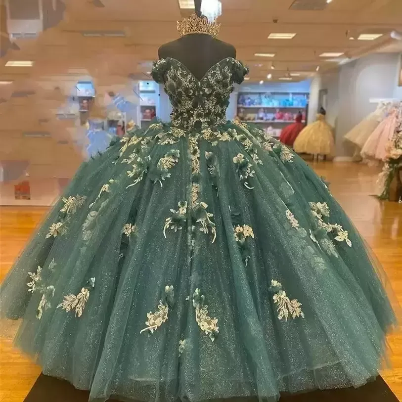 Ciemnozielone sukienki Quinceanera 2022 Off the ramię księżniczka konkursowa suknia balowa kwiaty Klowiszki Słodka 16 podłogi gorset