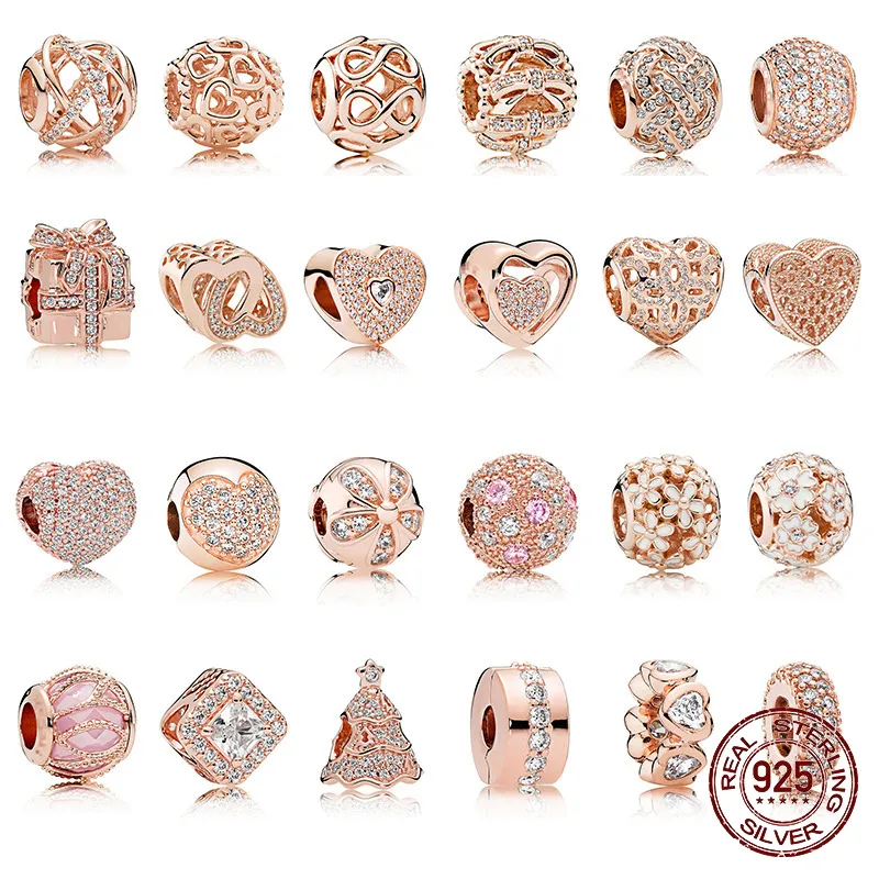 925 Sterling Silver Rose Gold Love Heart Zircon Series Inlendant DIY Fine Beads Fit Original Pandora Charm Bracelet Jewelry