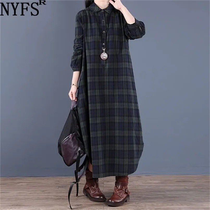 Nyfs primavera camisa outono vestido vintage solto algodão longo vestido vestidos robe d ete femme literário xadrez mulher vestido 220406