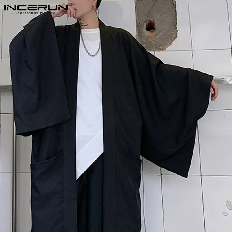 Mäns casual skjortor män svart cardigan skjortor casual öppen sömmar utkläder man dike långärmade långa rockar mode japansk stil yukata toppar 230206