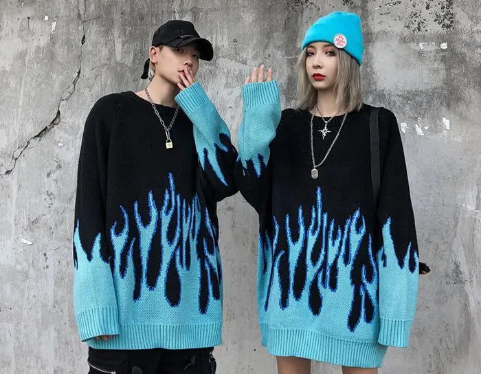 Aelfric Eden Mens Blue Fire Flame Knitted Hip Hop Sweater
