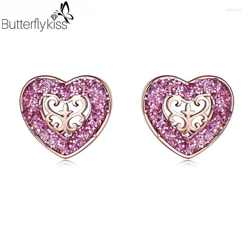 Real 925 Brincos de prata esterlina para mulheres em forma de coração rosa lantejoulas de lantejouno de luxo de jóias finas para namorada dale22