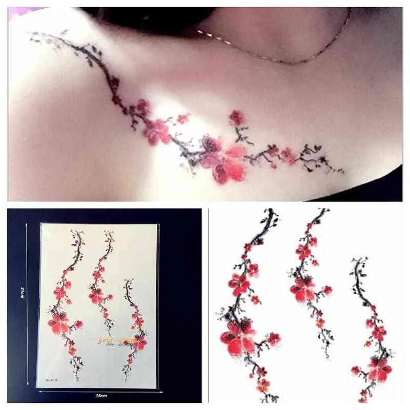 NXY Temporary Tattoo 1pc Women Sexy Plum Blossom Pattern Gqs A034 Branch Red Sakura Paster Summer Style Fake Waterproof Tatoo 0330