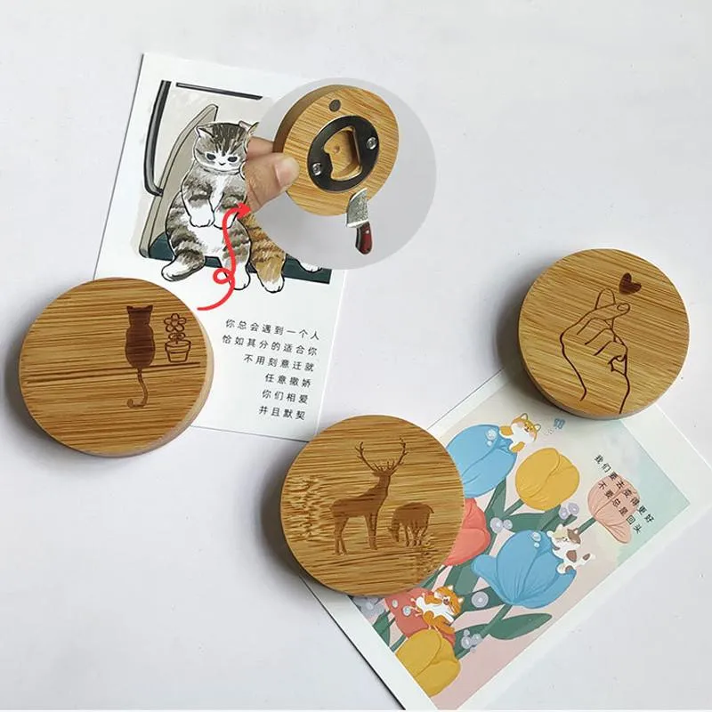 Blank DIY Bamboo Round Shape Bottle Opener Coaster Fridge Magnet Decoration Beer Bottle Opener Custom Logo LX4628