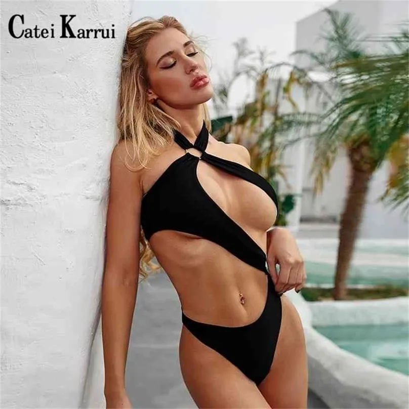 Catei Karrui NIEUWE WOMEN S SWIMWAR -MERK Open Back Solid Color 1pc Swimwear Vrouw hoge kwaliteit Sexy Bikini XL 210319