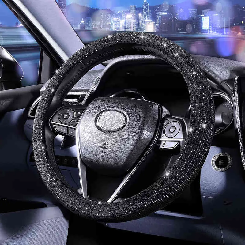 Black Stones Steering Wheel Cover For Women Bling Crystal Fit 14215 Inch Car Accessories Interior Parts Car products J220808