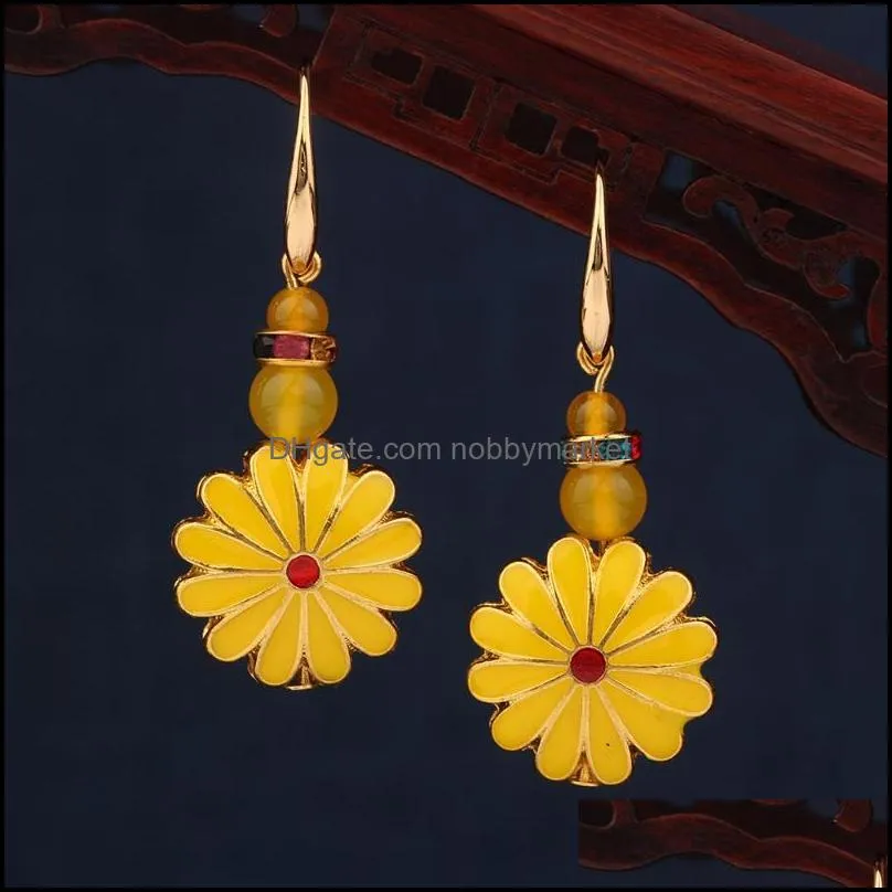 Dangle & Chandelier Fashion Antique Yellow Crystal Sun Flower Earrings Vintage Green Enamel Drop For Women And Girl Jewelry