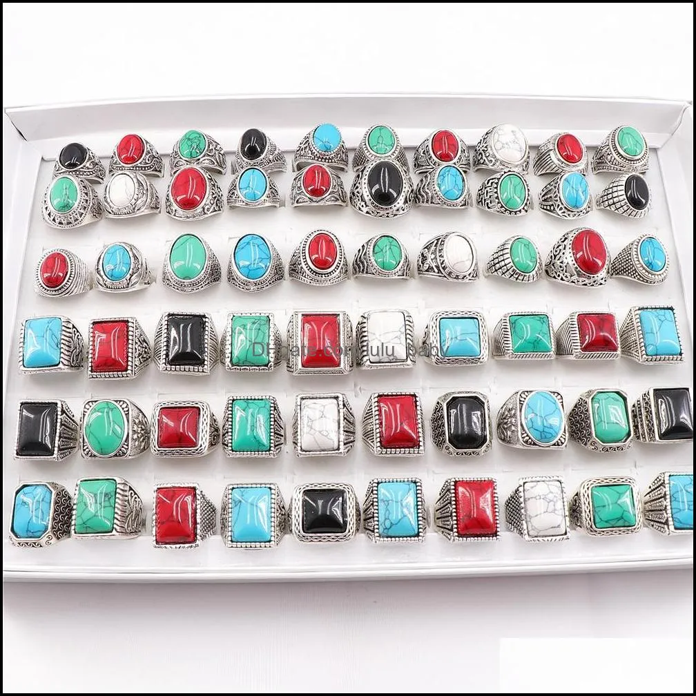 Pierścienie zespołowe biżuteria 20pcs vintage kwadratowy elipsa turkusowy kamienny pierścień dla mężczyzn Kobiet impreza prezent mix w stylu DHQ5O