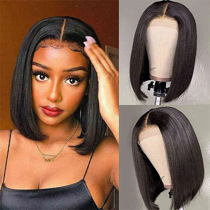 T Part Lace Wig Human Hair Women 13x1 BOB s Brazilian Straight Nature Color Remy Pre Plucked Black 220609