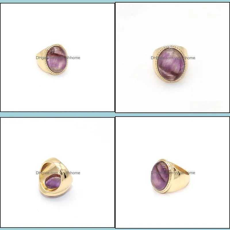 fashion gold plated oval amethyst quartz crystal rings geometric natural stone ring for women men jewelry gift