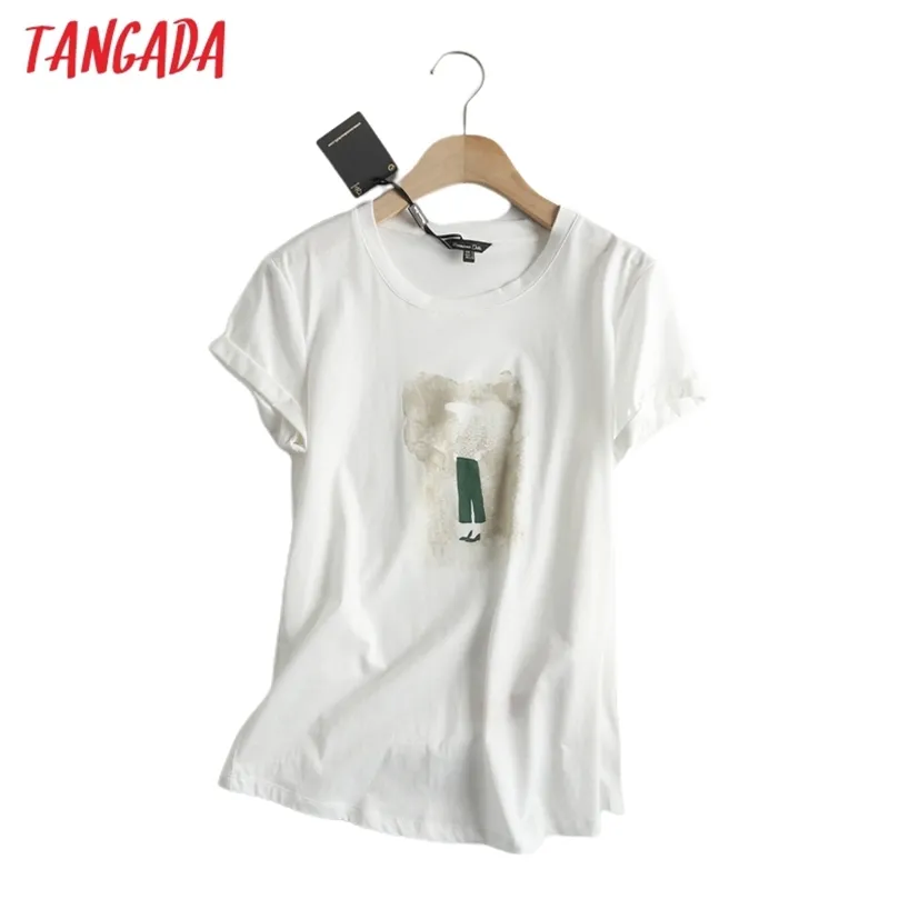 Tangada Women Vintage Print Botton T Shirt krótkie rękawy O Summer Sump Casual Tee Shirt Street Wear Top 6D9 220511