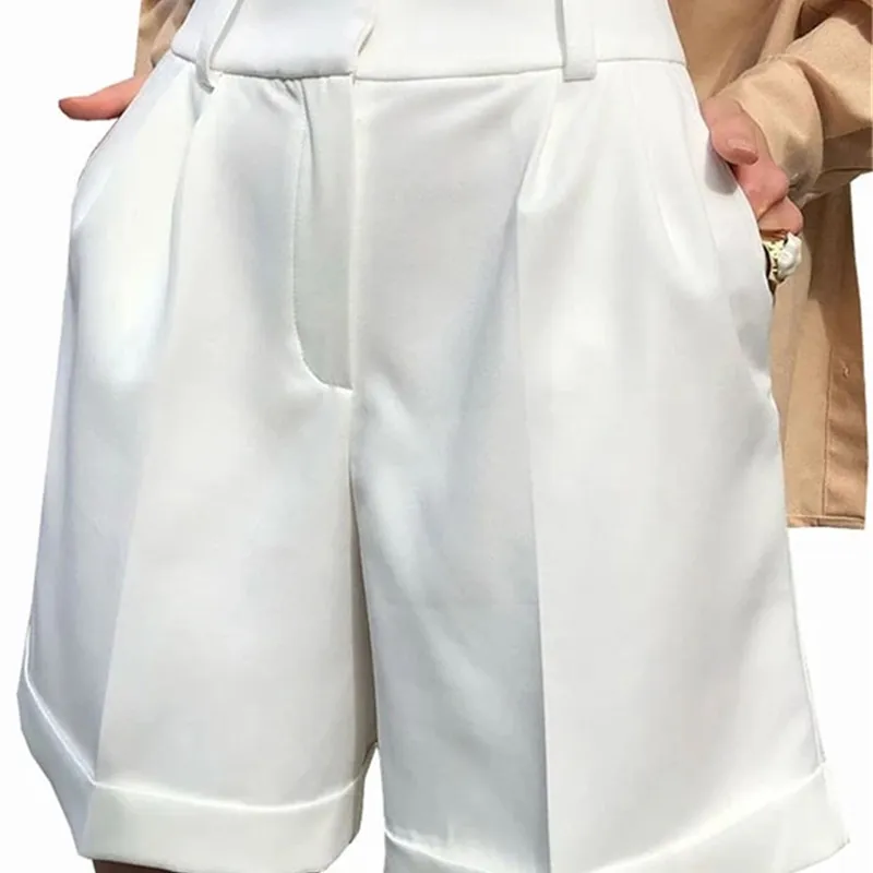 Pantaloncini da abito bianco da donna gamba dritta a vita media con tasche con bottoni con cerniera abiti estivi da donna pantaloni corti larghi casual W220322