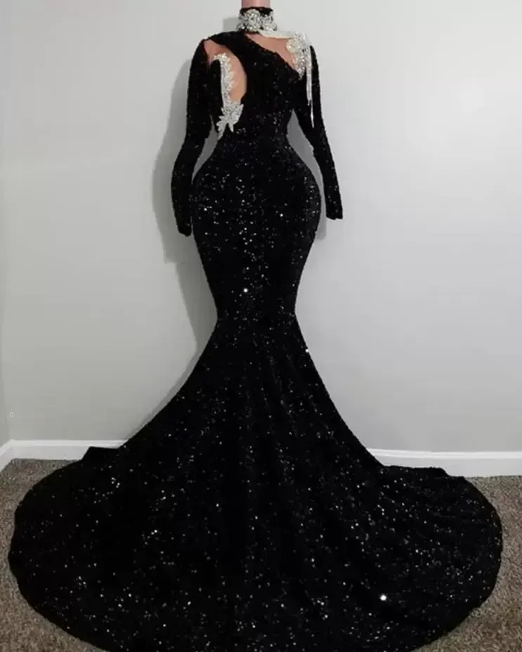 QUENTE! Sexy alto pescoço de manga longa noite vestidos formal sparkly lantejoulas preto frisado africano aso ebi preto meninas sereia vestido longo vestido de recepção 2022