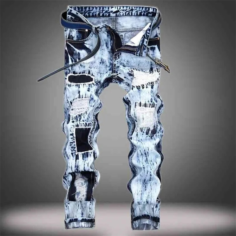 Denim Designer Hole Moto Bike Jeans Alta calidad Ripped para hombres Tamaño 28 38 40 42 2021 Otoño Primavera Hip Hop Punk Streetwear 210330