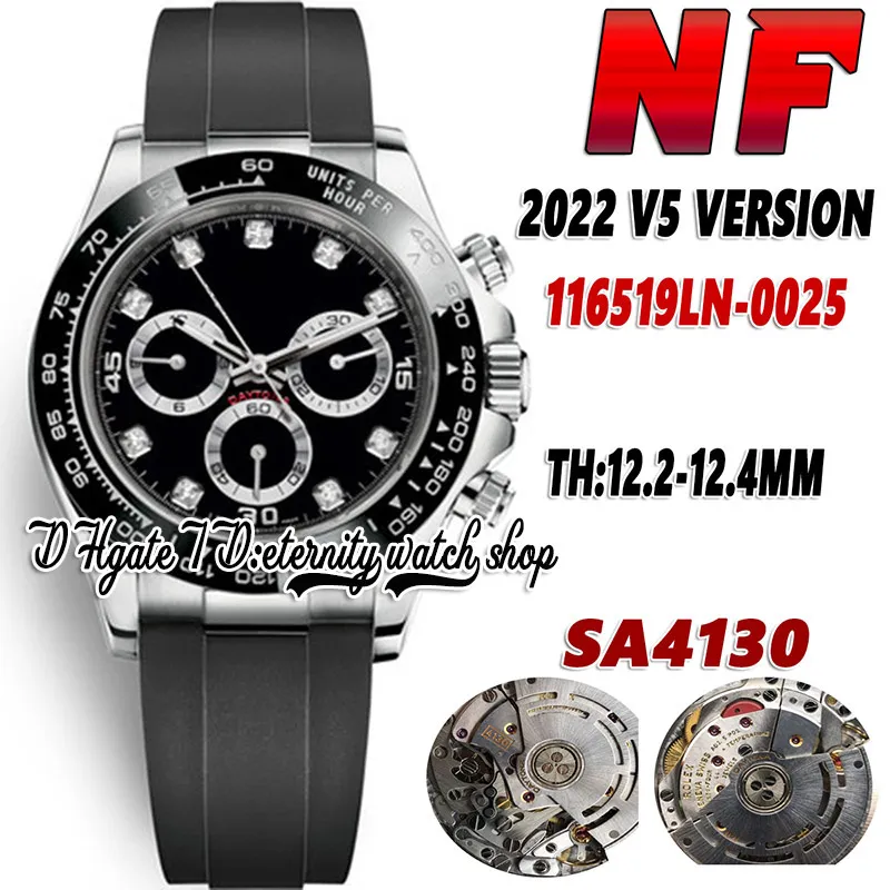 2022 NF V5 TH: 12,4 мм RY116519 SA4130 Chronograph Chronograph Mens Часы Черная керамика BEZEL черный циферблат 904L нержавеющая сталь Чехол резиновый ремешок Eternity Часы G116518