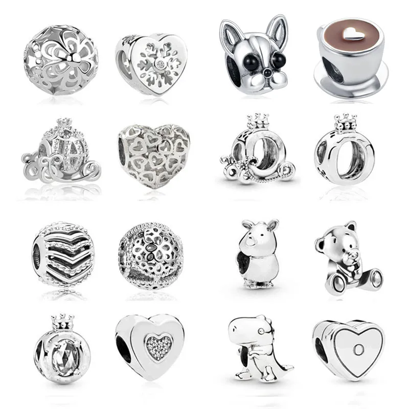 925 Silver Fit Pandora Charm 925 Bracelet بالجملة مزيج الكلب كوب القهوة زهرة الدب سحر مجموعة DIY غرامة الخرز المجوهرات