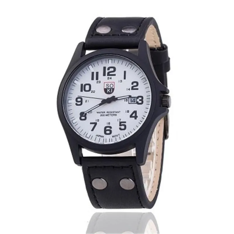 腕時計の腕時計男性向けファッションウォッチ贅沢カレンダークォーツ時計メンズレザーストラップ明るい防水性男性時計ドロップライストワ