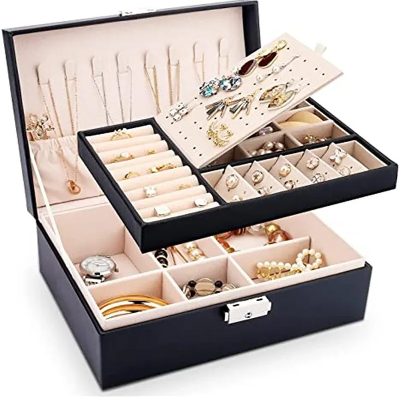 Doppelschichtige Schmuckschatulle aus PU-Leder, Organizer, Display, Reise-Schmuck-Aufbewahrungsboxen, großer Platzhalter für Ohrringe, Halsketten