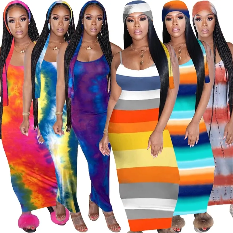 CM.YAYA Femmes Tie Dye Rayé Imprimer Sans Manches Spaghetti Strap Slim Maxi Dress Sexy Party Club Foulard Midi Robes Longues 220516