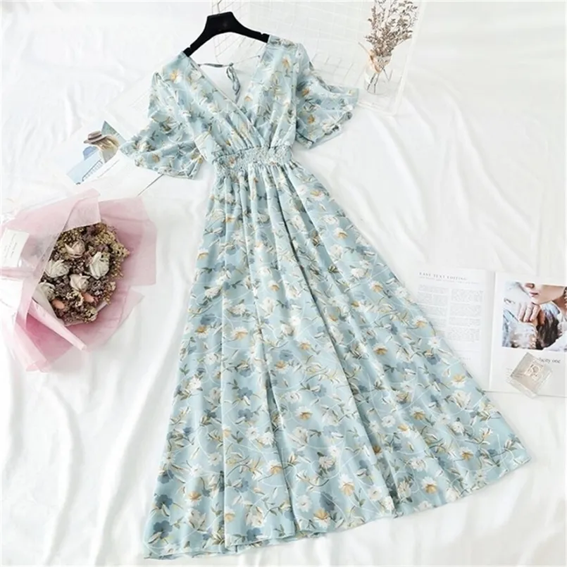 Summer Women Ruffled Short sleeved Chiffon Dress V neck High Waist Floral Print Beach Midi Dresses Backless Sexy Vestidos 220725