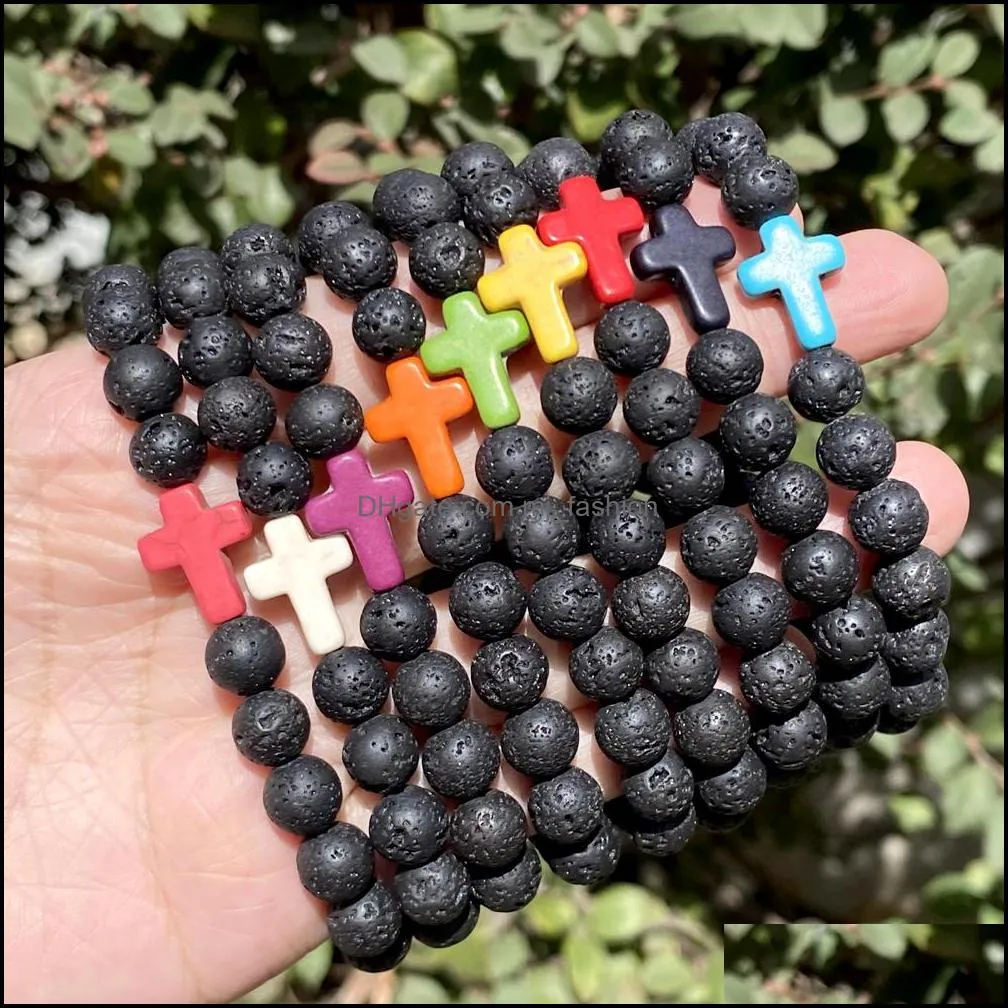 Trendy 8mm Black Lava stone turquoise Bead cross Strands bracelet  Oil Diffuser Volcanic Beads Bracelet For Women men Jewelry