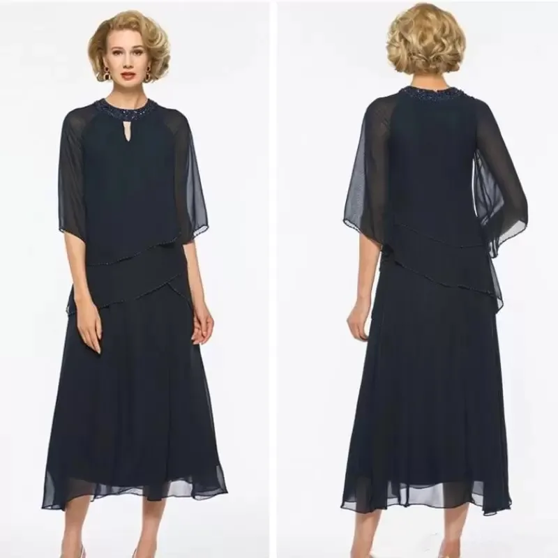 Sheath Navy Chiffon Moeder van de bruid jurken 2022 lange mouwen korte feest avondkleding moeders thee lengte