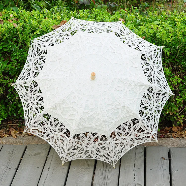 Cotton Bridal Parasol Handmade Lace Embroidery White Sun Umbrella Elegant Wedding Parasols